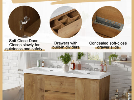 Double Sink Bathroom Vanity, Cabinet & Soft Close Doors, Divided Drawers, Wall Mounted Storage - Wood