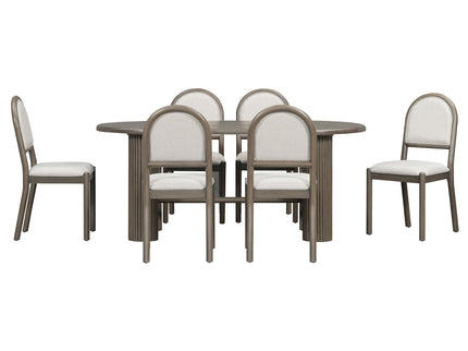 Oval Dining Table Set For 6 With Fluted Pedestal Base, 7 Piece Set Including 6 Upholstered Chairs