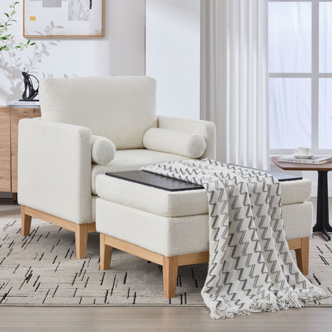 Oversized 360 Degree Swivel Barrel Accent Chair And Ottoman Set With Storage