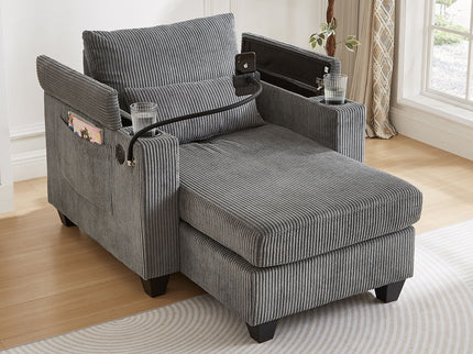 Convertible Chaise Lounge Sofa Chair With USB Ports, Cup Holders, Phone Holder And Storage