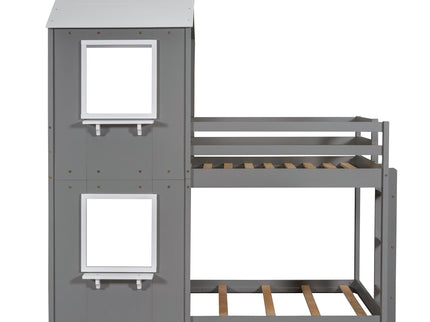 Bunk Bed Wood Bed & Roof, Window, Guardrail, Ladder
