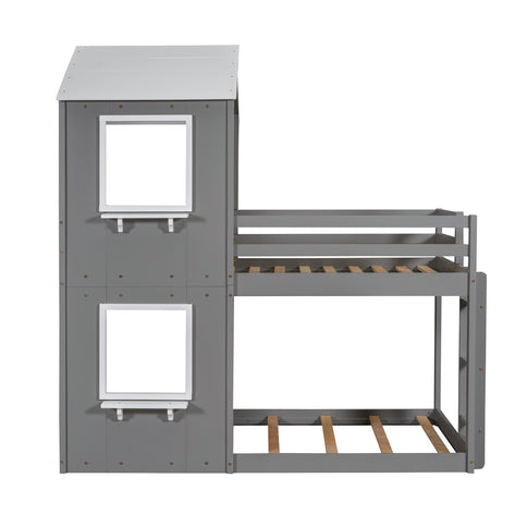 Bunk Bed Wood Bed & Roof, Window, Guardrail, Ladder