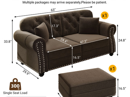 Upholstered Sofa Set With Nailhead Trim And Rolled Armrests, Includes Pillows