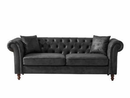 Chesterfield Sofa, High Tech Fabric Roll Armrest, 3 Seater Mid Century Modern Couch - Black