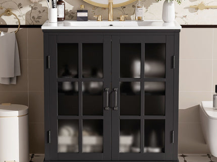 Modern Bathroom Vanity With Ceramic Sink, Tempered Blurred Glass Doors