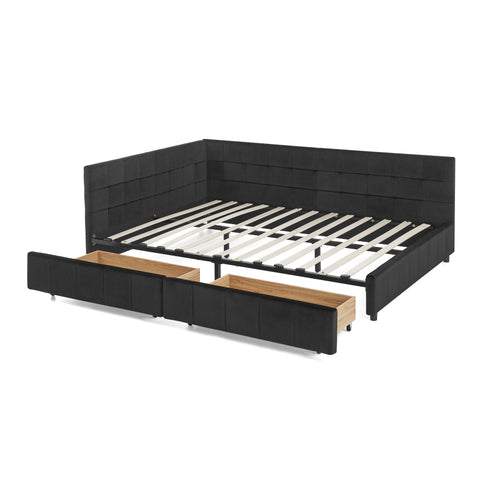 Mid-Century Storage Upholstered Tufted Bed Frame With Backrest And Armrests