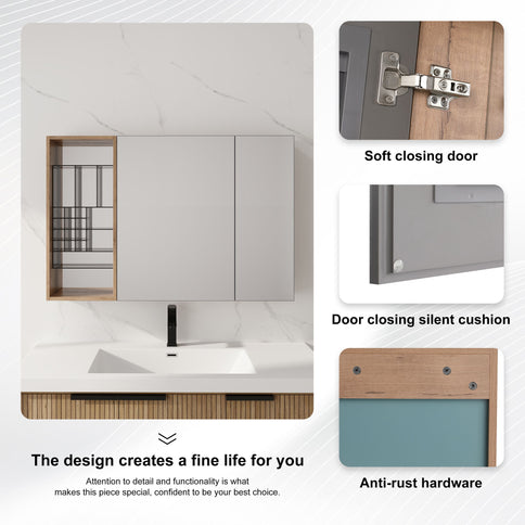 Wall Mounted Bathroom Mirror Cabinet, Adjustable Shelves - Imitative Oak