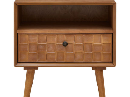 Nightstand With Carved Geometric Drawer Front, 1 Drawer And Open Shelf