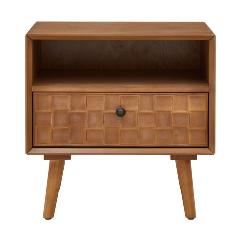 Nightstand With Carved Geometric Drawer Front, 1 Drawer And Open Shelf