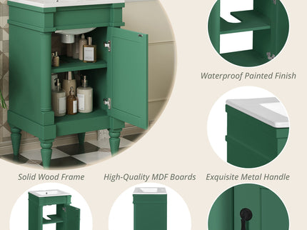 Bathroom Vanity With Sink, Compact Storage Cabinet With Door, Adjustable Shelf, Rectangular Style - Green