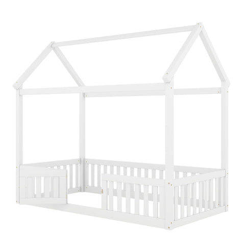 Wood House Bed With Fence And Door