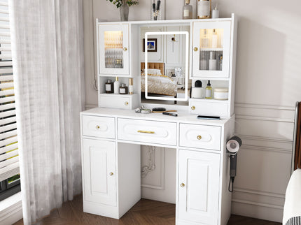 Large Vanity Table Set With Mirror, 6 Drawers & Shelves, Power Socket, Hair Dryer Holder, Cabinet Light, Dressing Desk - White