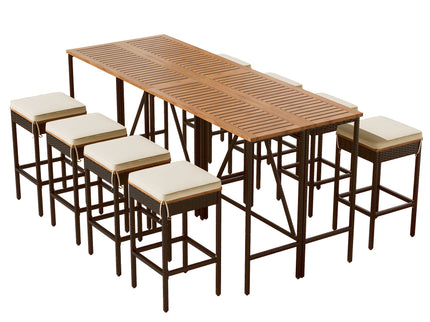 Outdoor Acacia Wood Bar Height Table And Eight Stools With Cushions