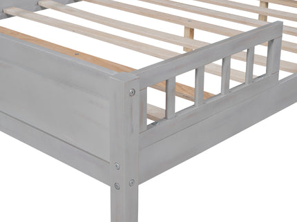 Wood Platform Bed With Built In LED Light, Storage Headboard And Guardrail