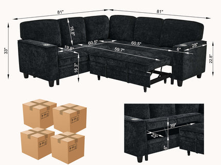 L-Shaped Sofa With Pull Out Sofa Bed With USB
