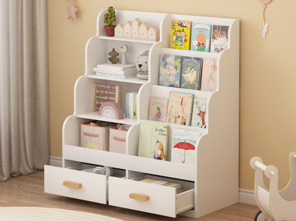 Bookshelf With 2 Storage Drawers, Front Facing Bookcase And Toy Organizer, Multi Tier Reading Shelf - White