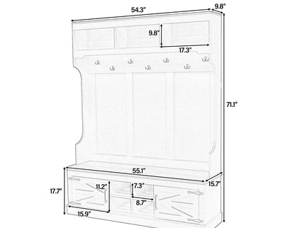 Hall Tree With Bench And Shoe Storage, 5 In 1 Entryway Organizer Cabinet With Coat Rack, 4 Shoe Cubbies & 7 Hooks - White