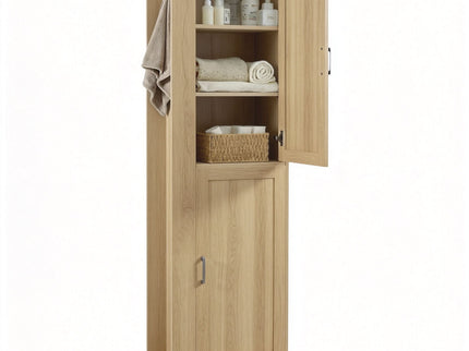 Tall Freestanding Bathroom Storage Cabinet With Adjustable Shelves And Side Hooks