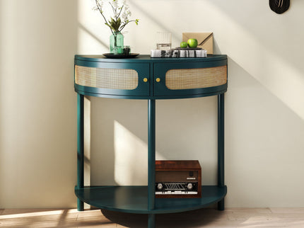 Boho Rattan Semi Circle End Table With Sliding Rattan Door, Storage And Bottom Shelf