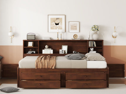 Full Size Captain Bed With Built In Storage Shelves, 4 Drawers And 2 Cabinets - Antique Brown