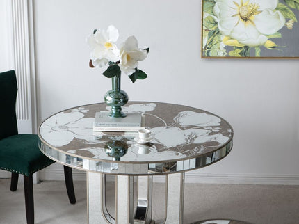 Round Table With Elegant Foral Design And Mirrored