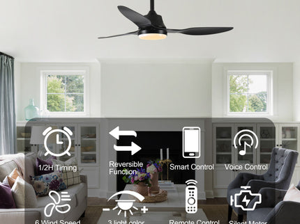 Ceiling Fan With Light, 3 Blades, Remote Control, 6 Speed Reversible DC Motor For Living Room - Black