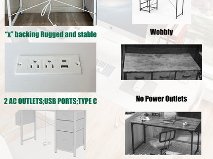 Office Desk With Power Outlet, 3 Drawers And Side Pocket For Office - White