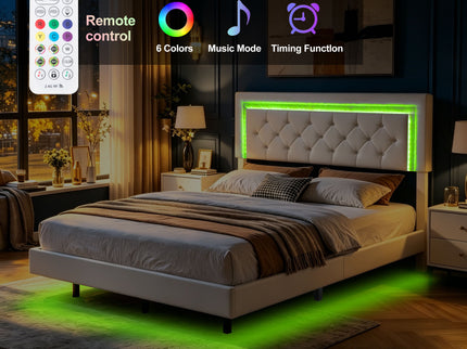 Platform Bed Frame With Adjustable Upholstered Headboard, RGB LED Lights, No Box Spring Needed
