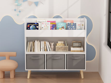 Bookshelf With 3 Bins, Storage Shelf For Toys And Books - White