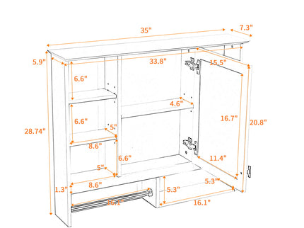 Wall Mount 2 In 1 Mirror Cabinet With Adjustable Shelves, Open Storage, For Bathroom Vanity - White