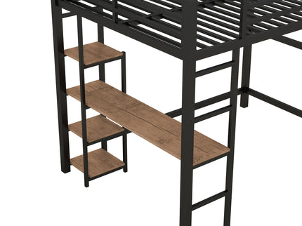 Loft Bed With Built In Desk And Storage Shelves, Full Size - Black