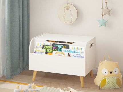 Toy Box With Front Bookshelf, Flip Top Lid, Safety Hinge For Kids Room Organization - White