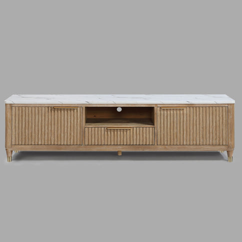 Fluted TV Stand With Accents - Natural Wood / White