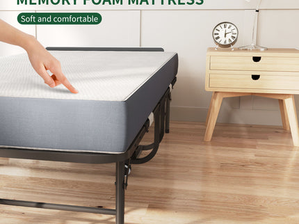 Twin Folding Bed With Adjustable Headboard & Memory Foam, Space Saving Rollaway Guest For Tall People, Portable On Wheels, Easy Assembly - Black