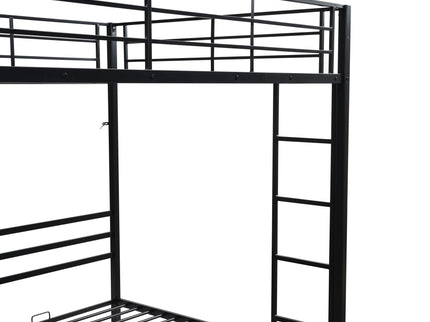 Modern Metal Triple Bunk Bed With Vertical Ladder, Safety Rail, And Storage Shelf - Black