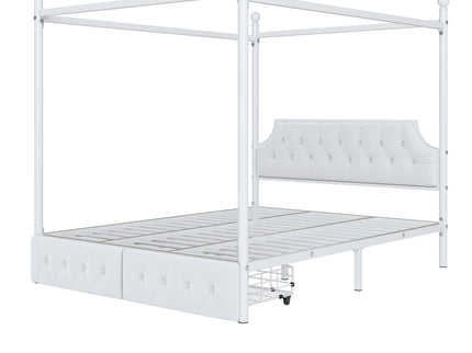 Queen Size Canopy Platform Bed With Upholstered Headboard And 2 Storage Drawers - White