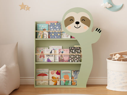 Sloth Bookshelf, Front Facing Toddler Book Display Rack With 3 Tiers, Cute Animal Design - Sage Green