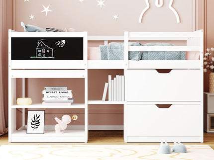 Low Loft Bed With Rolling Desk, Shelf And Drawers