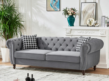 Chesterfield Upholstery Fabric Sofa With Roll Armrest & Nailhead