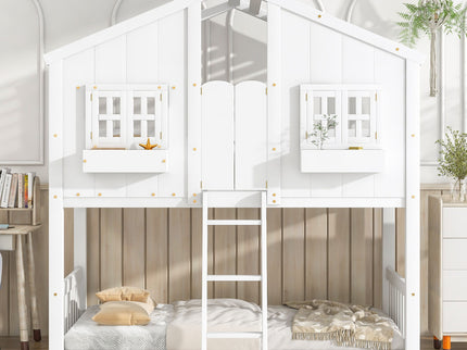 House Bunk Bed With Roof, Window, Window Box, Door, With Safety Guardrails And Ladder