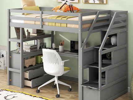 Loft Bed With Desk, Shelves, 2 Drawers, Storage Staircase