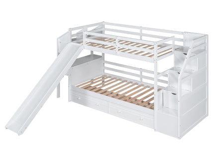Bunk Bed With Storage Staircase, Slide, Desk, Drawers, And Shelves
