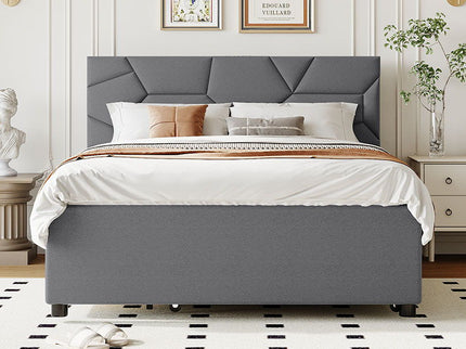 Upholstered Platform Bed With Brick Pattern Headboard And Twin Long Size Trundle