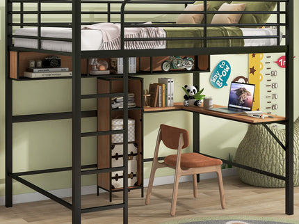 Full Size & Loft Bed With L-Shaped Desk And Shelves - Black