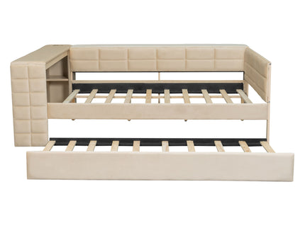 Upholstered Platform Bed With Storage Shelves, Desk, Charging Station And Trundle