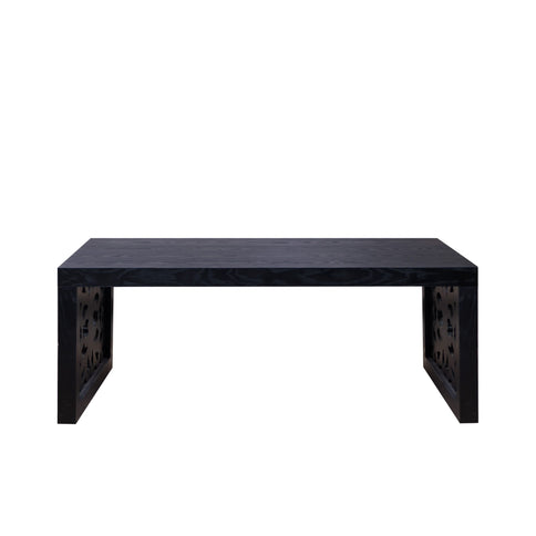 Rustic Carved Wood Coffee Table, Handcrafted Look With Ornate Side Panels
