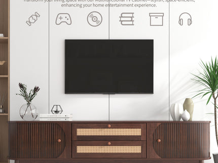 TV Stand For TVs Up To 75'', Cabinet With Drawers And Sliding Doors, Living Room Entertainment Console - Natural Wood / Brown