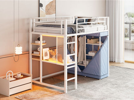 Loft Bed With Desk, Shelves, Power Outlet, LED Light And Wardrobe