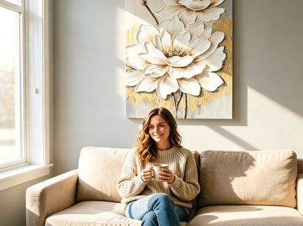 Lotus Flower Canvas Wall Art, Hand Painted Thick Textured Floral Painting With Accents, Neutral Decor For Living Room - Antique White / Gray
