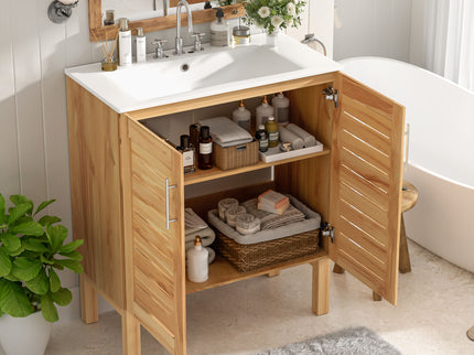 Bathroom Vanity With Ceramic Sink, Freestanding Cabinet - Antique Natural / Brown